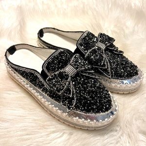 Black Sparkly Rhinestone Slip On Platform Shoes w/ Bow China size 245